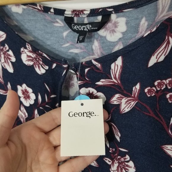 George NEW Blue Burgundy Floral Print A-Line Long Bell Sleeve Dress Size XS NWT - Picture 2 of 9